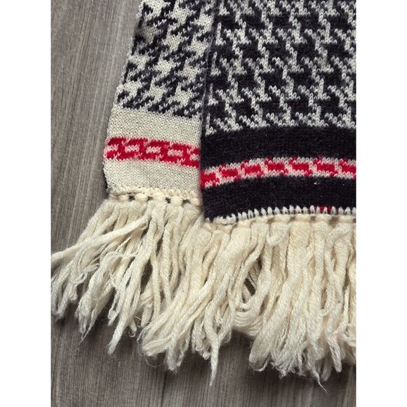 Houndstooth Knit Scarf With Fringe Tassels Black/White/Red 10"x62"  Wool Blend - Picture 3 of 4